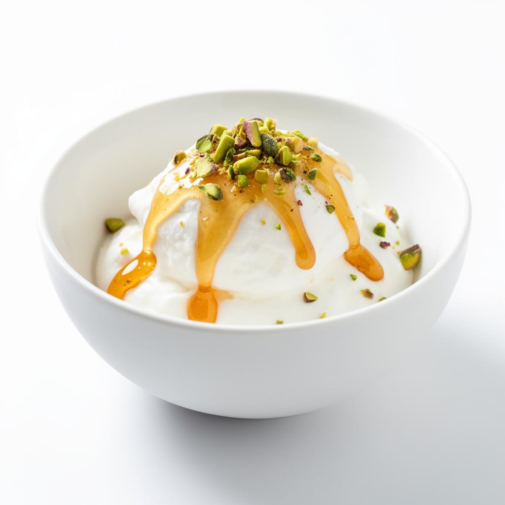 Bowl minimalista de yogurt griego con miel y pistaches